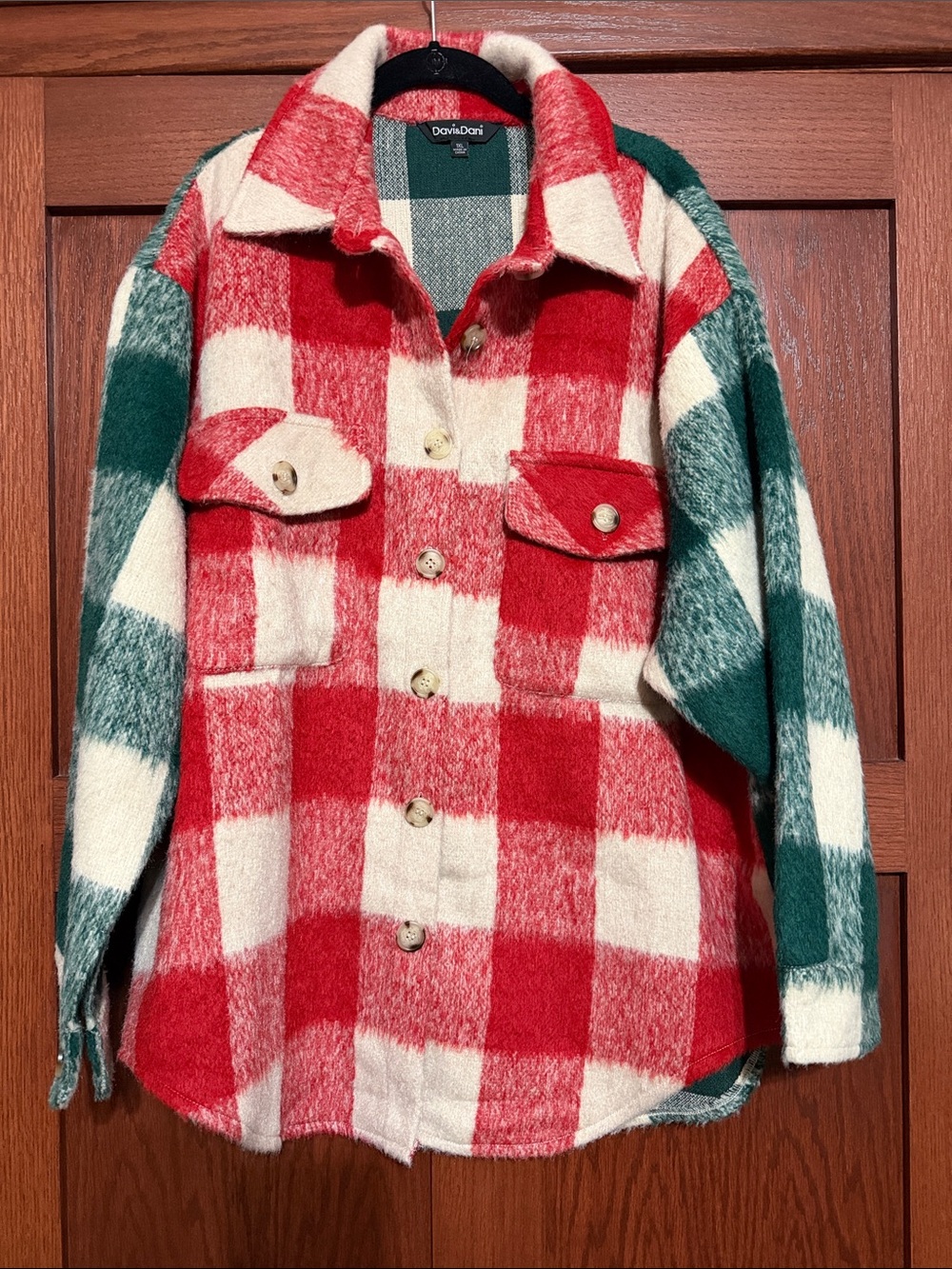 DAVI & DANI Red, Green and Cream Buffalo Plaid Button-Down Shirt Jacket